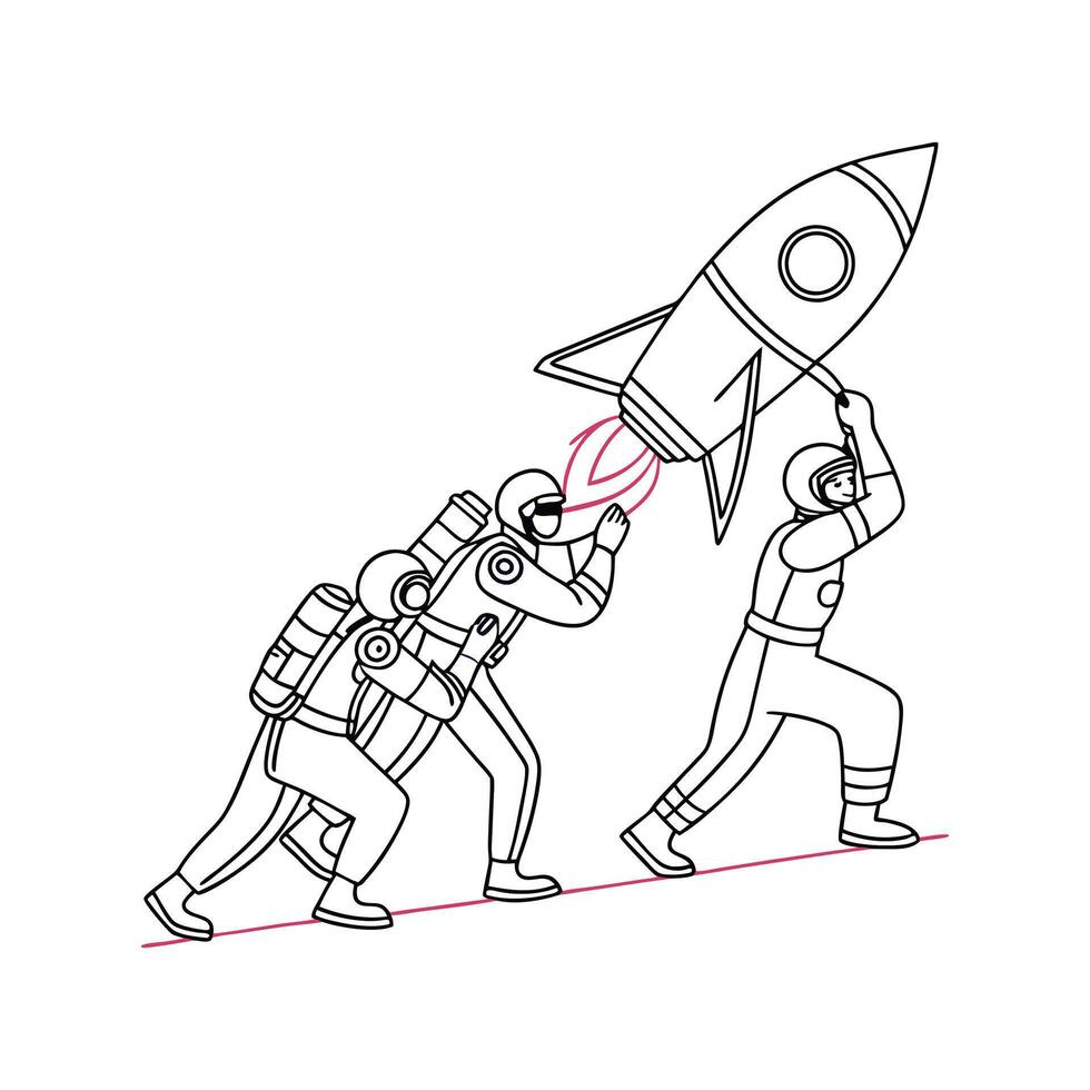 A drawing of three people carrying a rocket vector