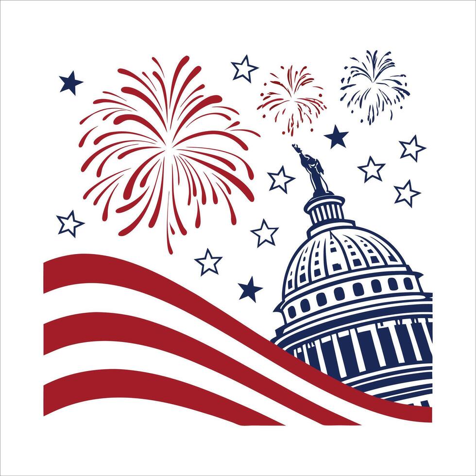 The us capitol building with fireworks and stars vector