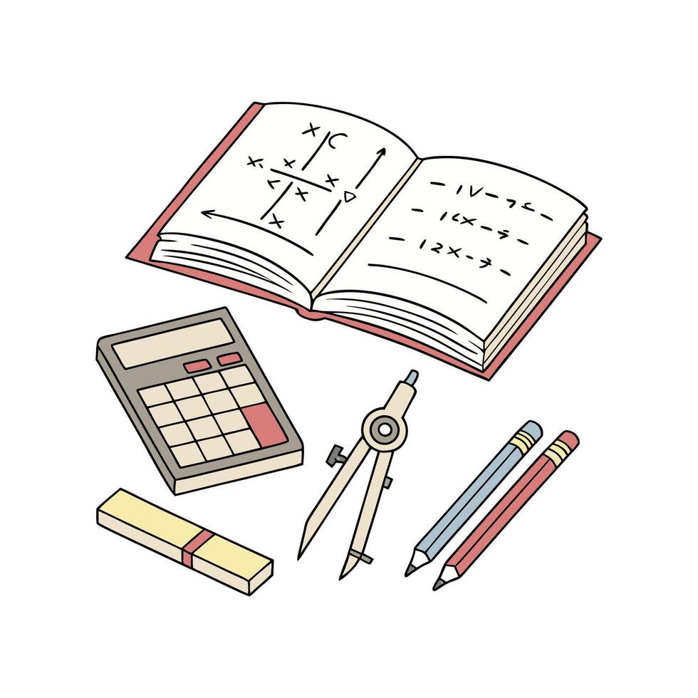 An open book with a calculator, pencils, and other items vector