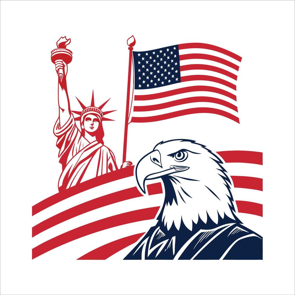 The statue of liberty and an eagle on a flag vector