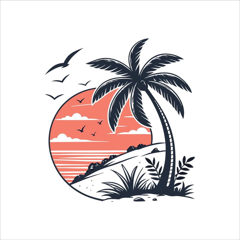 Tropical palm tree and beach at sunset illustration vector