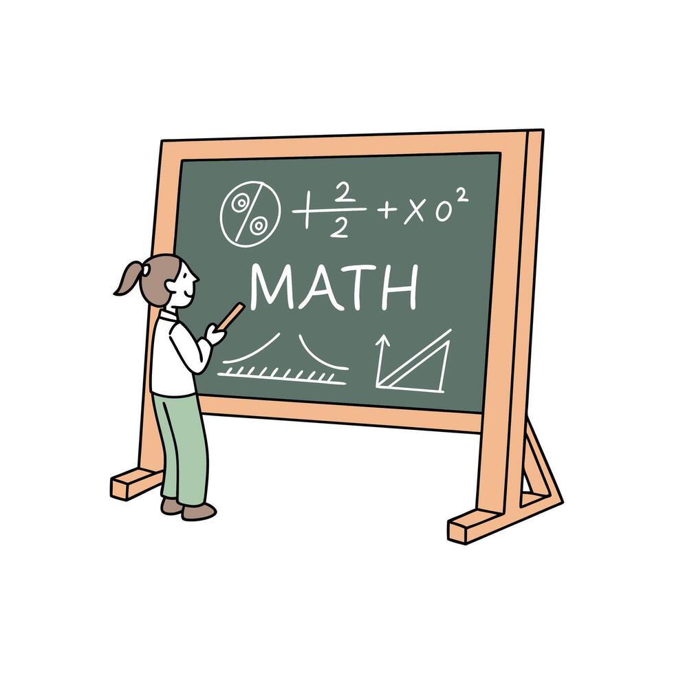 A woman is writing on a blackboard with math written on it vector