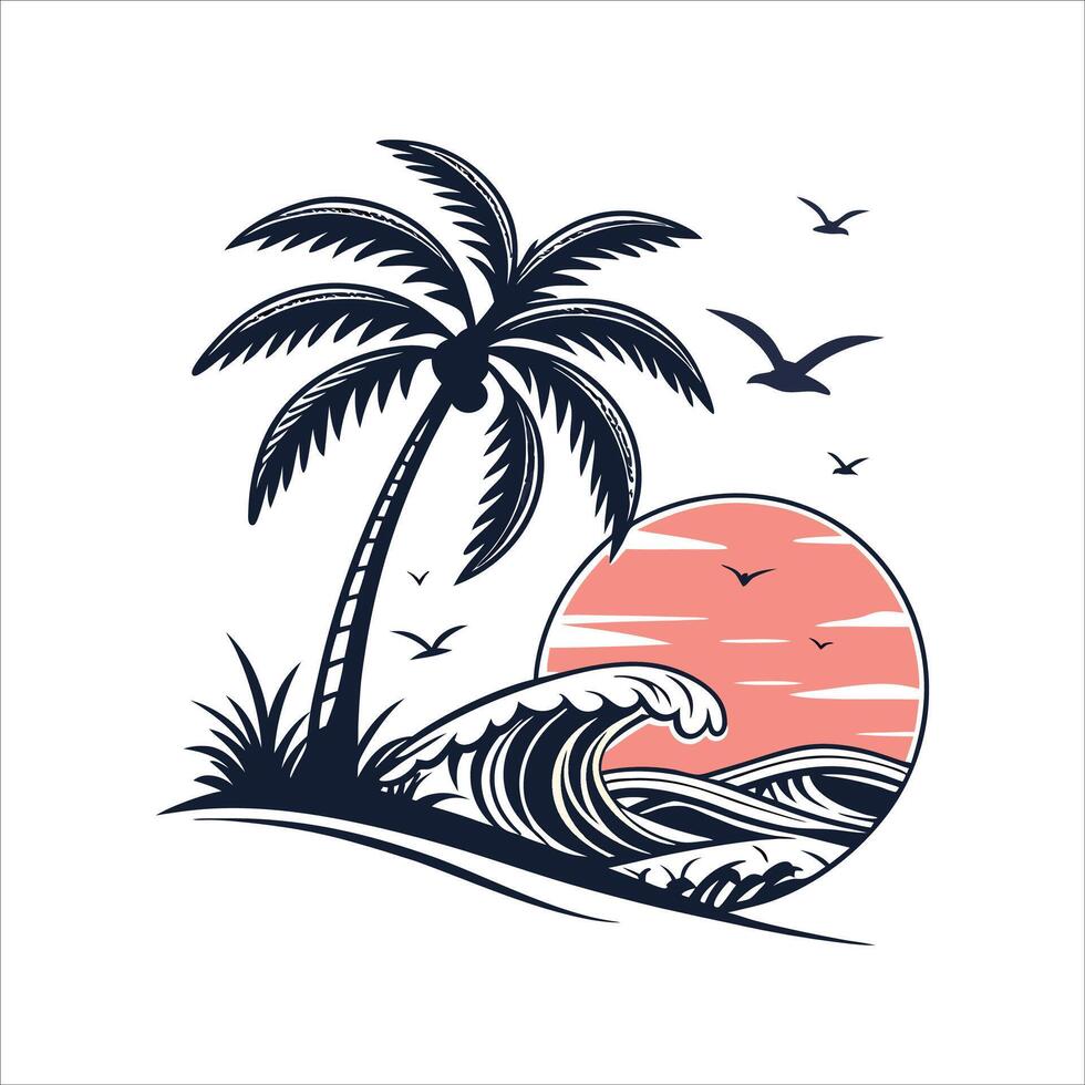 Tropical beach with palm trees and waves vector