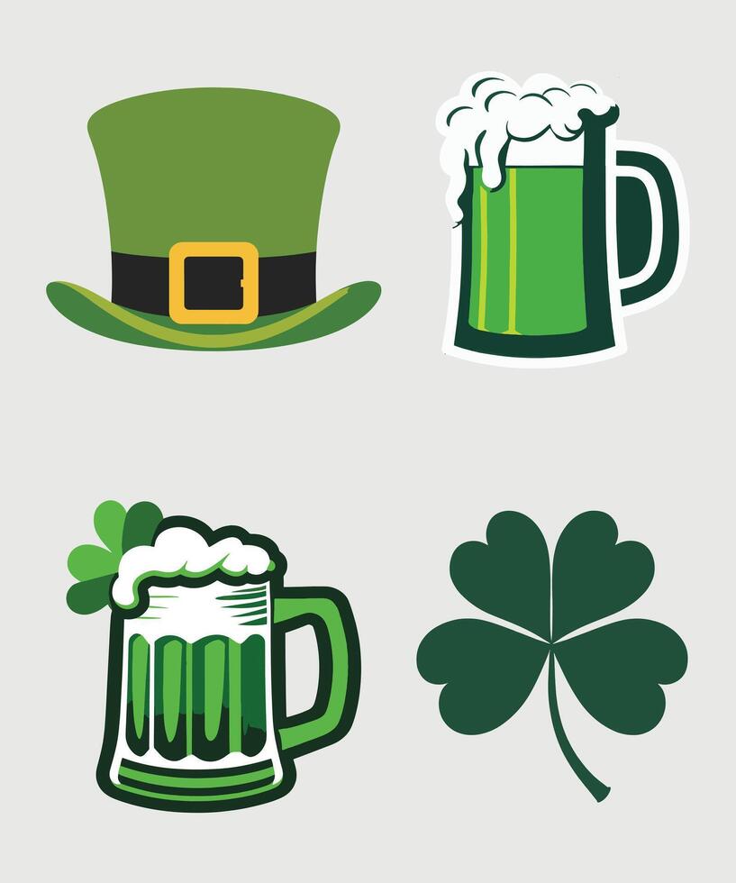 St patricks day icons set with green beer, hat and clover vector