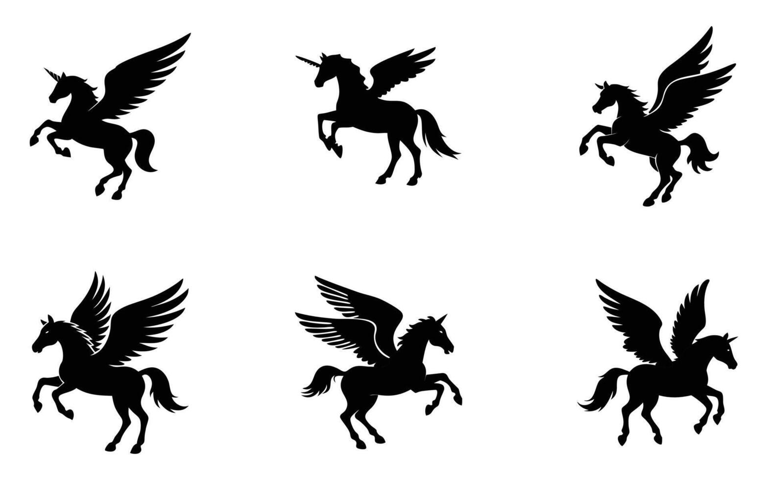 Pegasus Unicorn Silhouettes Mythical Flying Horse Fantasy Icon vector