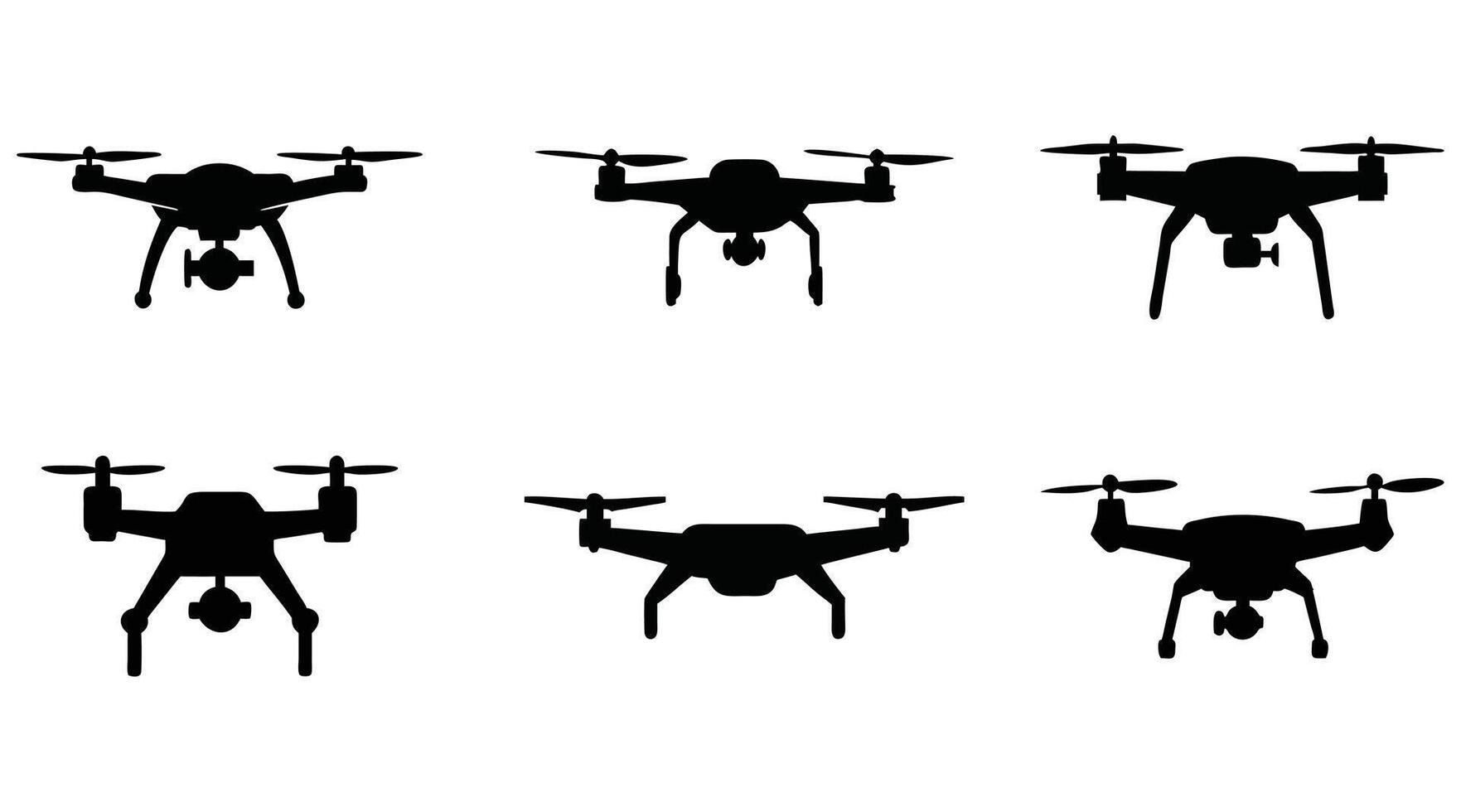 Drone Silhouettes Black Quadcopter Icon with Camera set on white background vector