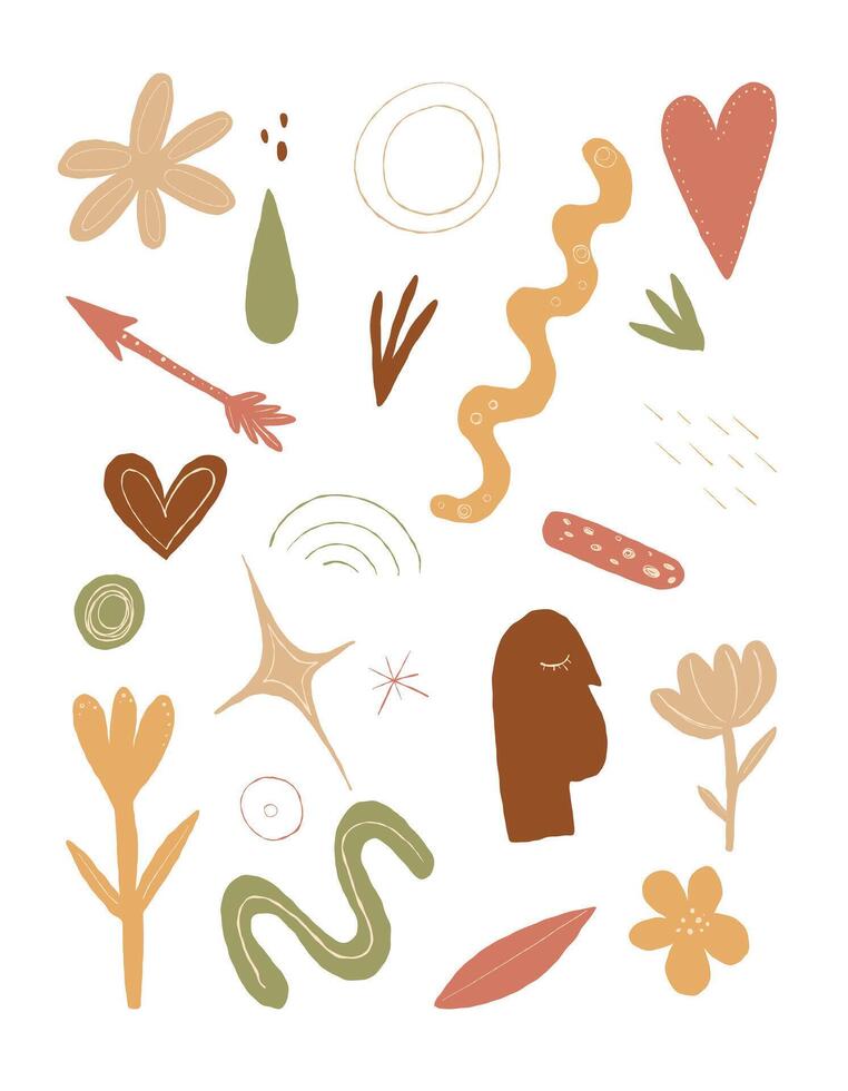 Modern abstract clipart with hand-drawn doodles, organic shapes, and geometric elements in earthy tones. Perfect for branding, posters, stickers, prints, and creative design projects. vector