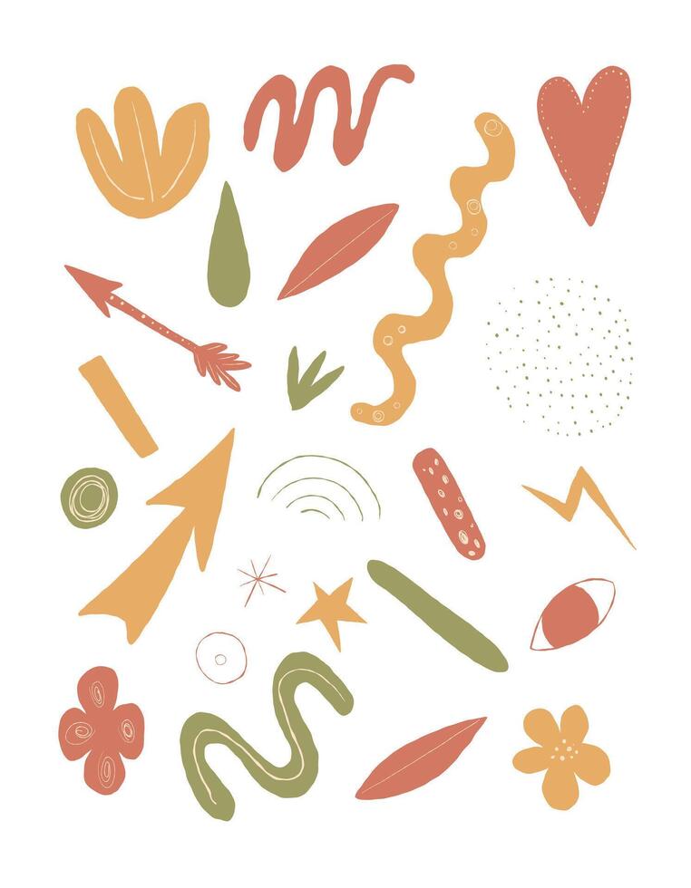 Minimalist abstract clipart with hand-drawn organic shapes, flowers, stars, and a bird in warm boho tones. Ideal for branding, prints, stickers, digital design, and creative projects vector
