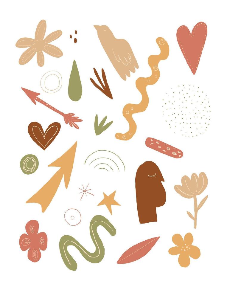 Minimalist abstract clipart organic shapes, flowers, stars, and a bird in warm earthy tones, boho. Ideal for branding, prints, stickers, digital design, and creative projects vector
