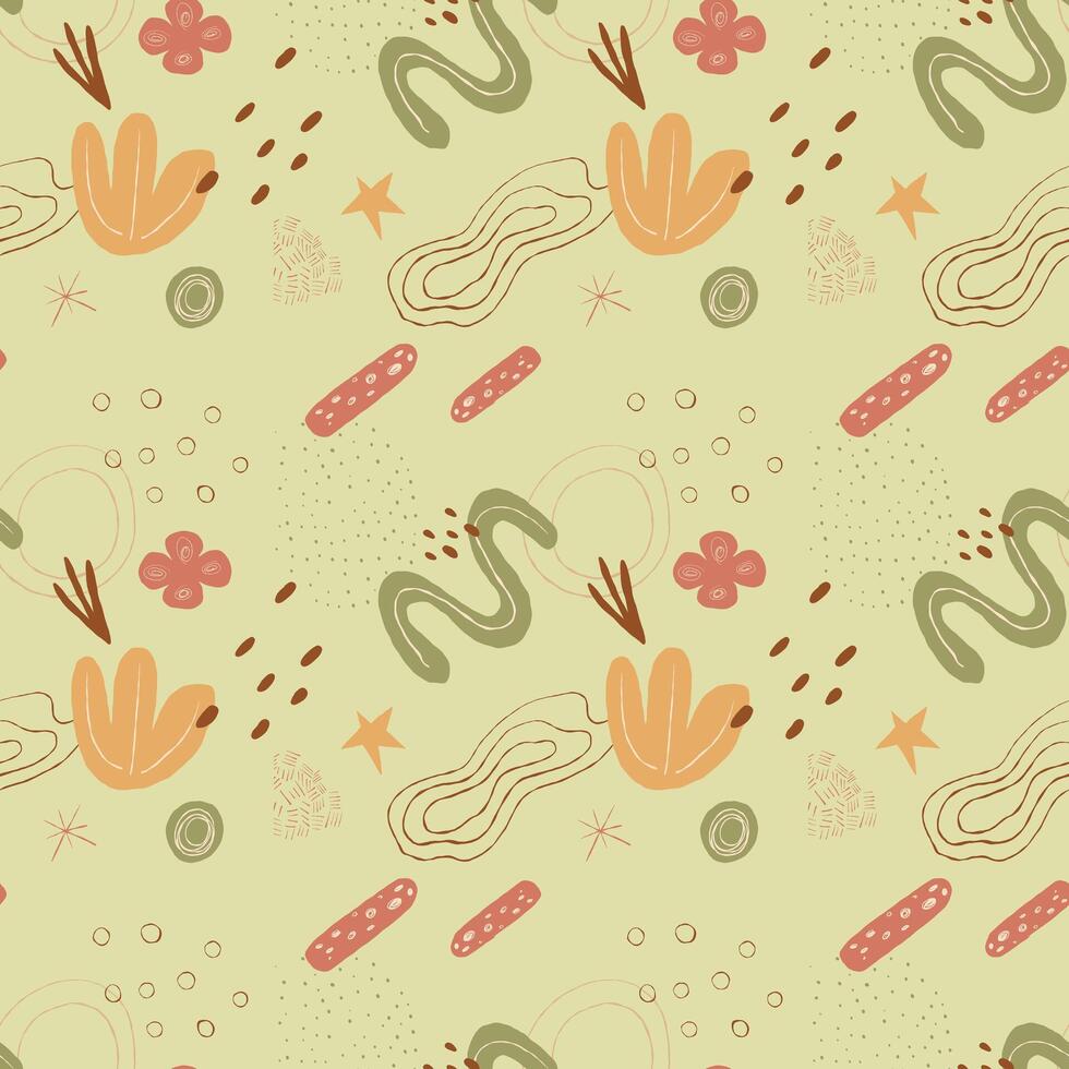 ArSeamless abstract floral pattern with hand-drawn organic shapes, flowers, leaves, and geometric elements in earthy tones on a green background. Ideal for textiles, wallpaper. Boho style. vector
