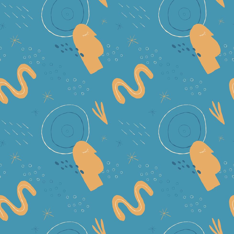 Seamless abstract yellow pattern with hand drawn floral and organic shapes on a blue background. Modern boho style vector