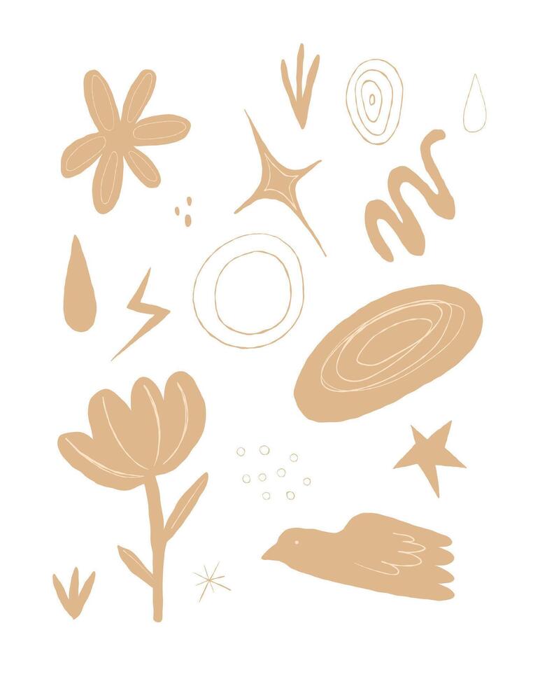 Minimalist abstract clipart with hand-drawn organic shapes, flowers, stars, and a bird in beige tones. Ideal for branding, prints, stickers, digital design, and creative projects. vector