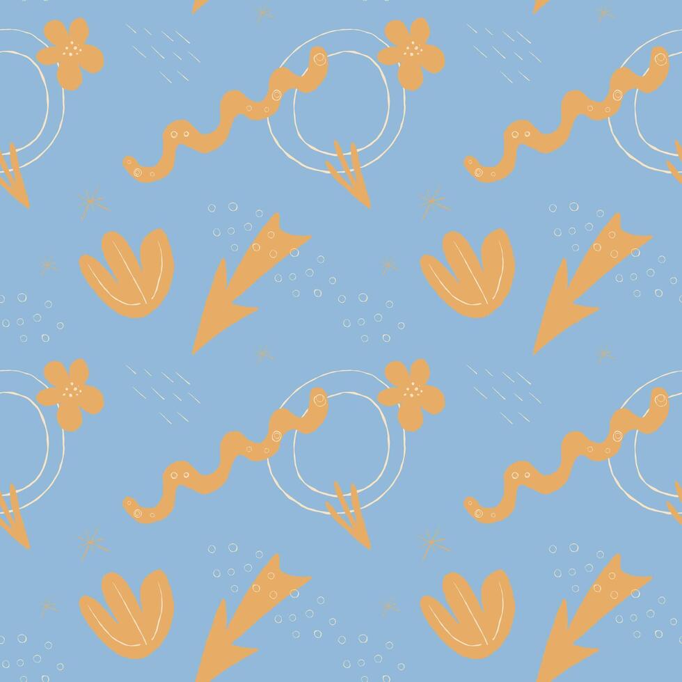 Seamless abstract yellow pattern with hand-drawn shapes and floral silhouettes on a blue background. Modern boho style, seamless pattern vector