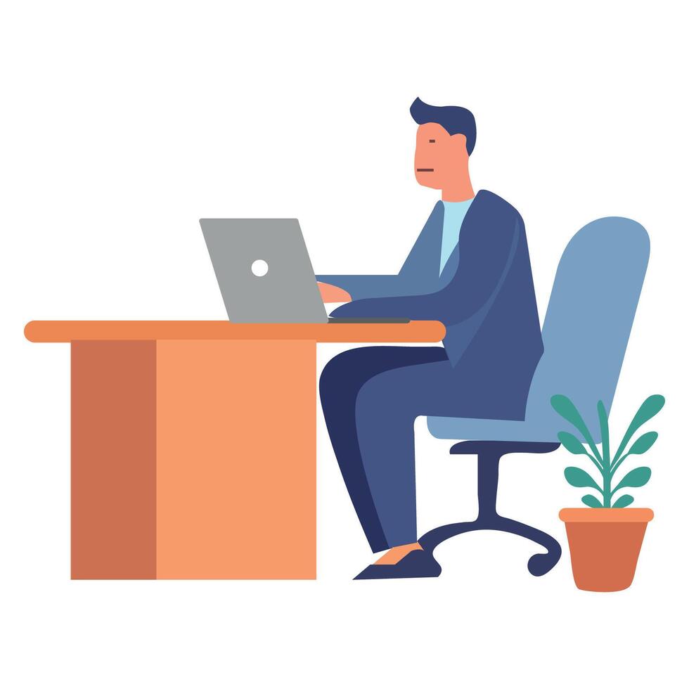 New Startup Business project isolated Business Man office time working in desk table with laptop cartoon illustrations. vector