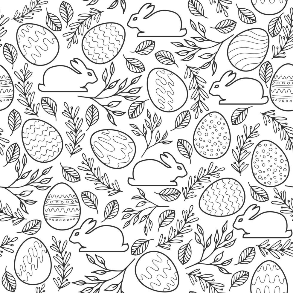 Seamless pattern with Easter eggs, bunnies. Coloring book page vector