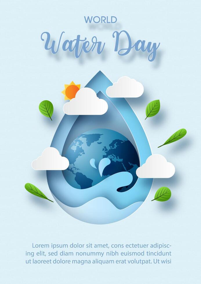 The blue globe on giant water droplet and wave water shape in paper cut style with environment decorated and wording of World water day, example texts on light blue paper pattern background. vector