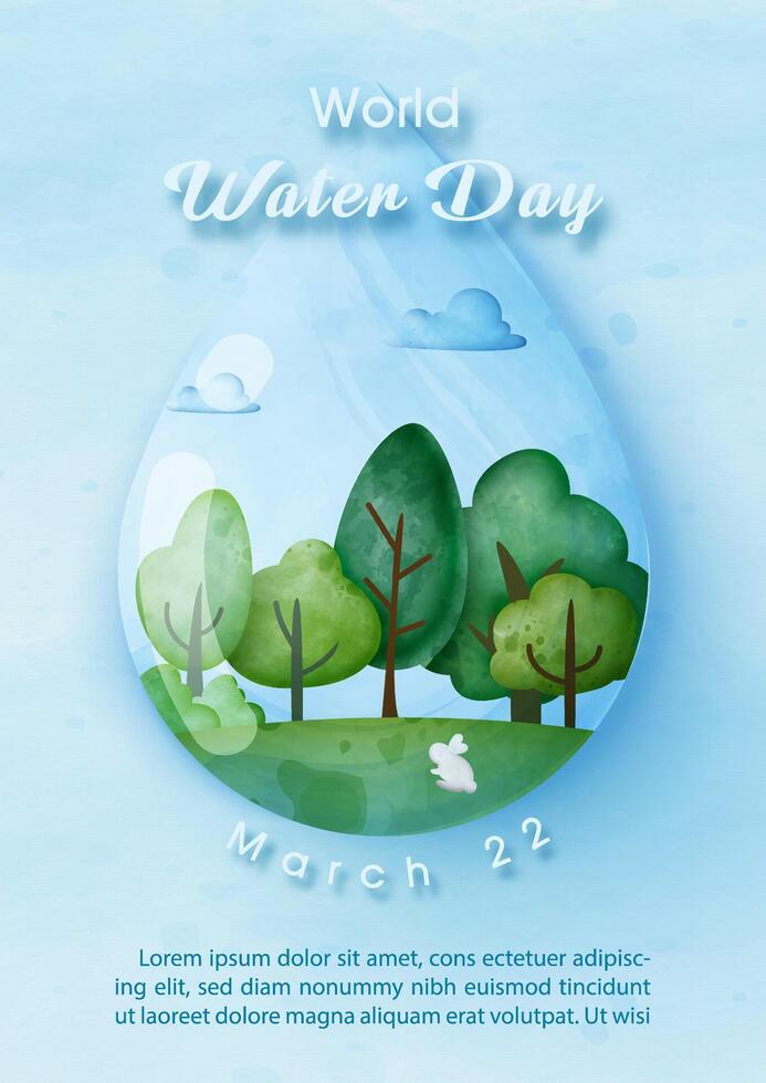 Green forest in a giant transparent water droplet with wording of World water day, example texts on blue background. vector