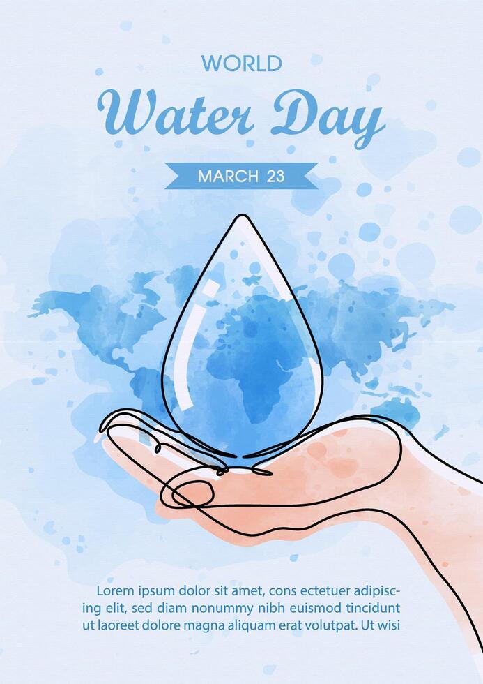 Human hand with giant water droplet in one line and water colors style and example texts on blue paper pattern background. vector