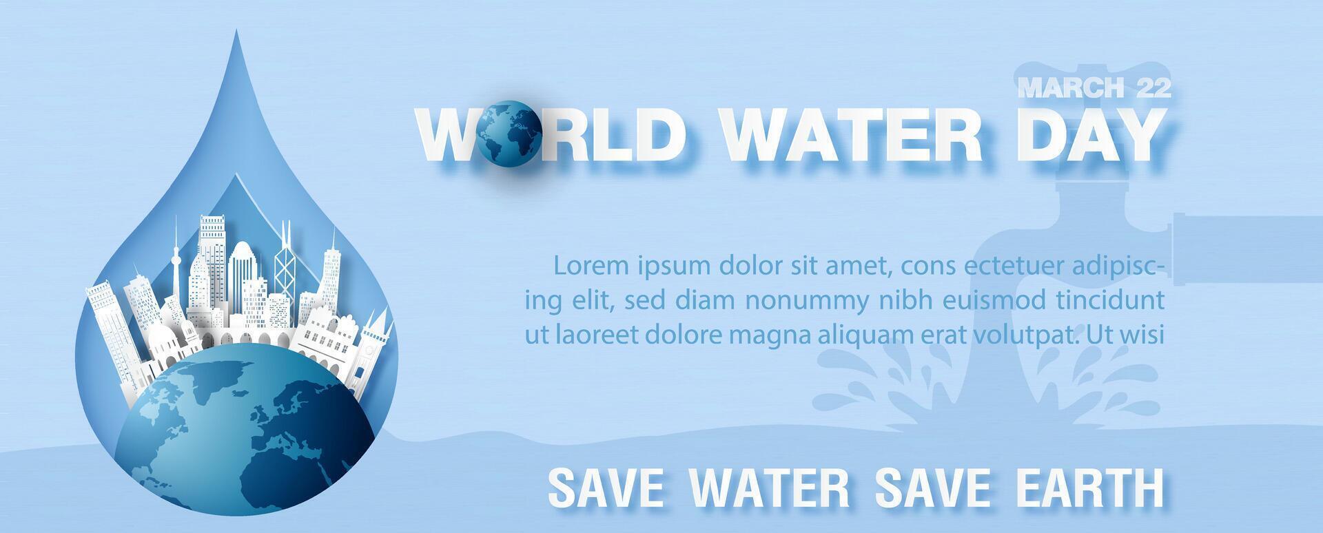 Cityscape on blue globe and water droplet in paper cut style with wording of World water day, example texts on blue background. vector