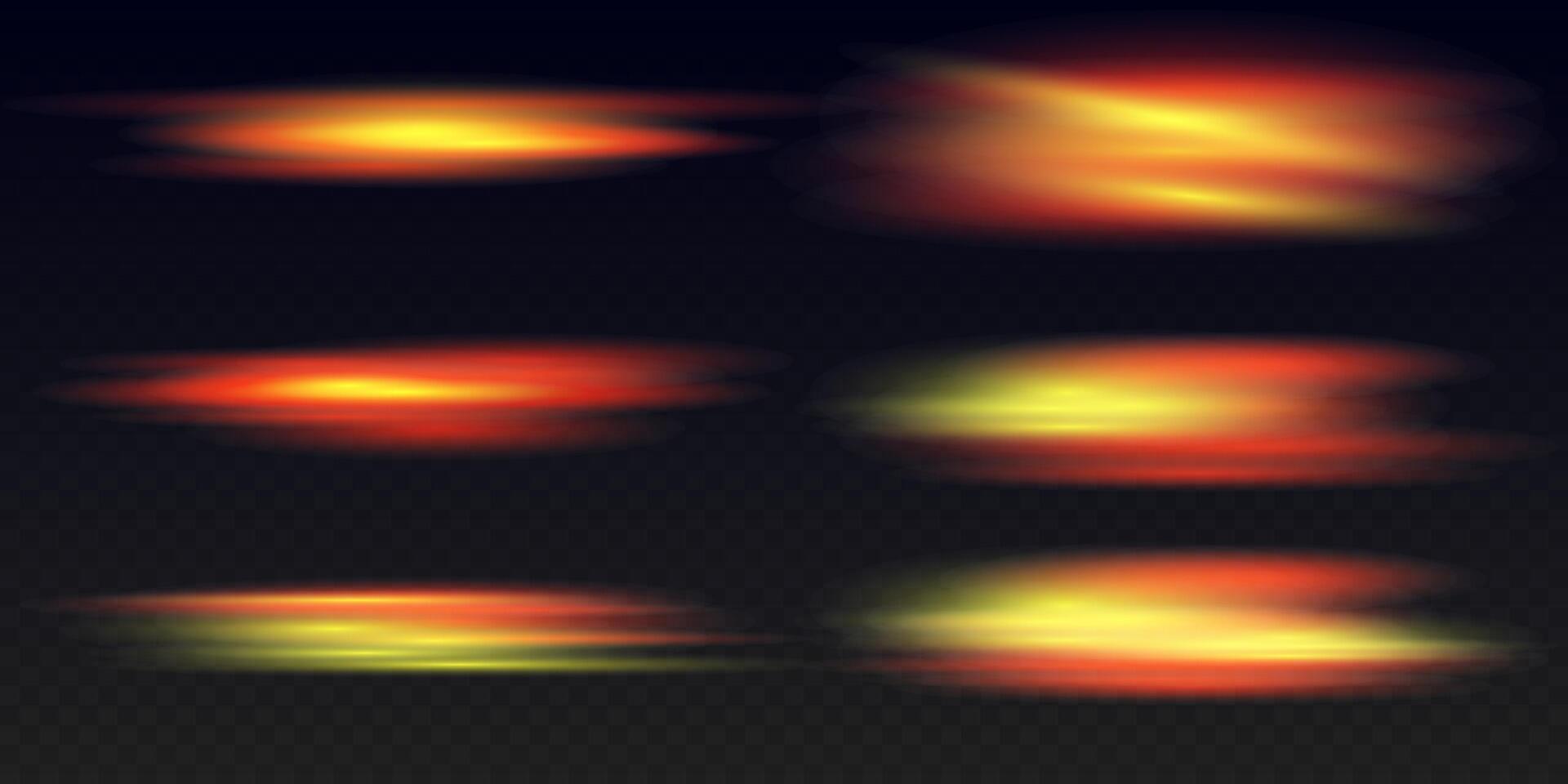 Set of red yellow neon stripes or light flash. Lights and stripes moving fast. Fire Orange luminous abstract sparkling lined. vector