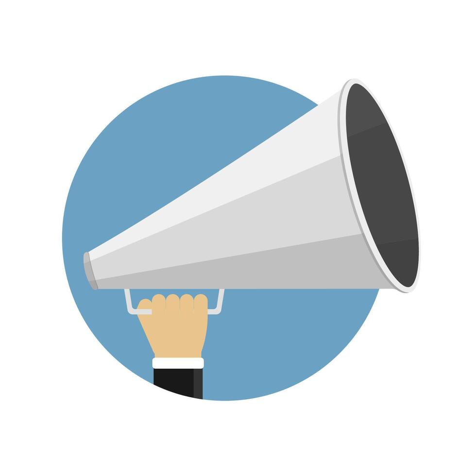 Hand with megaphone in blue circle, flat design vector