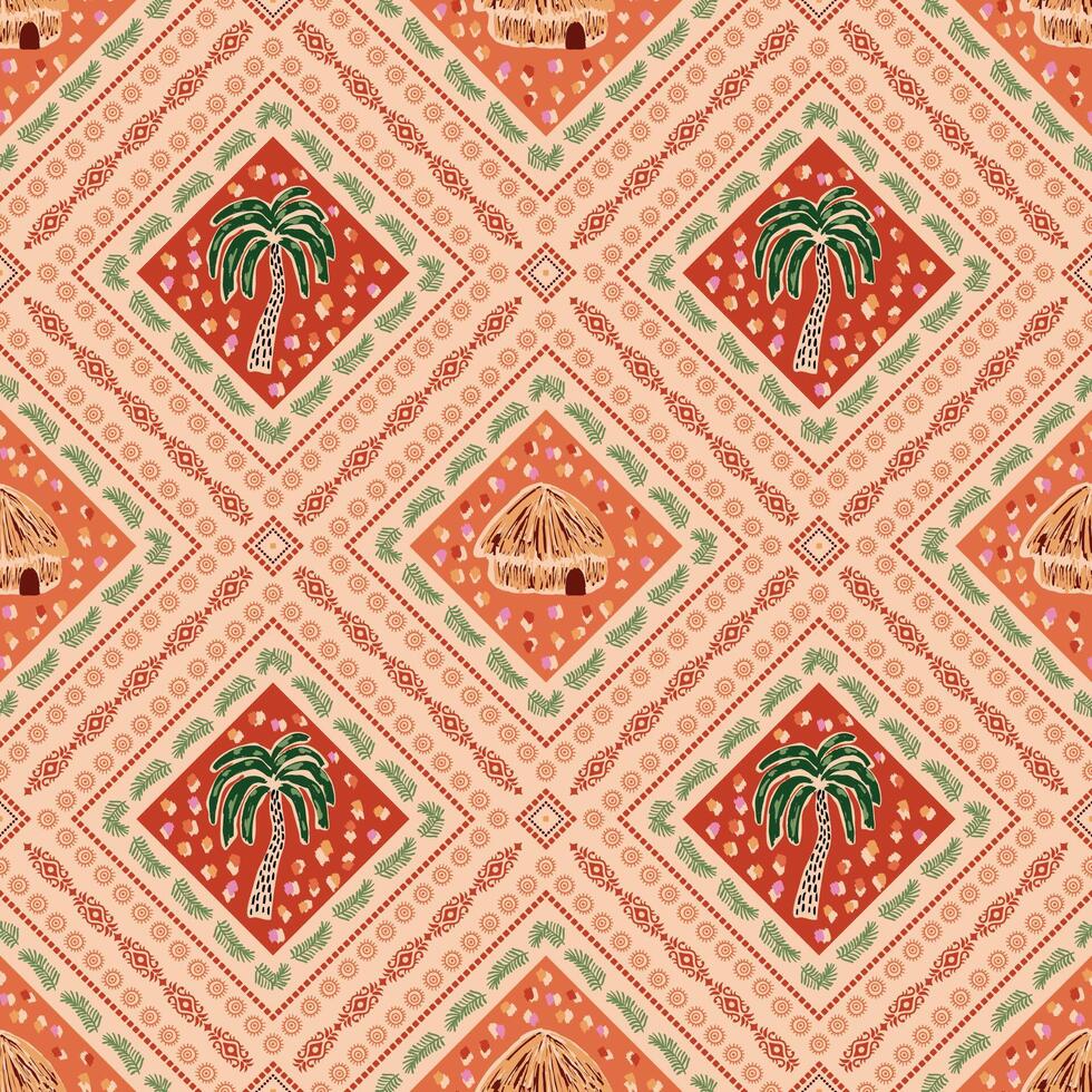 Summer geometric tropical seamless pattern with palm tree, beach house, cabin, jungle leaves, ceramic tile, ethnic ornament. Cute patchwork print, wallpaper, damask rhombus background, mosaic. vector