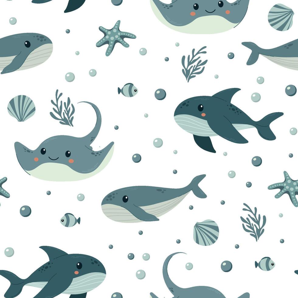 Cute children background with stingray, whale ,shark, fish and corals . Under the sea seamless pattern, water animal character, ocean fauna. Flat design. Underwater. textile. fabric vector