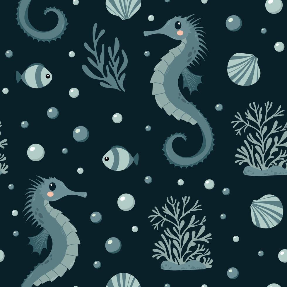 Sea seamless pattern with seahorse, fish, seaweed, seashell flat style. Ocean digital paper. Nautical underwater scrapbooking, background, print. Hand drawn vector