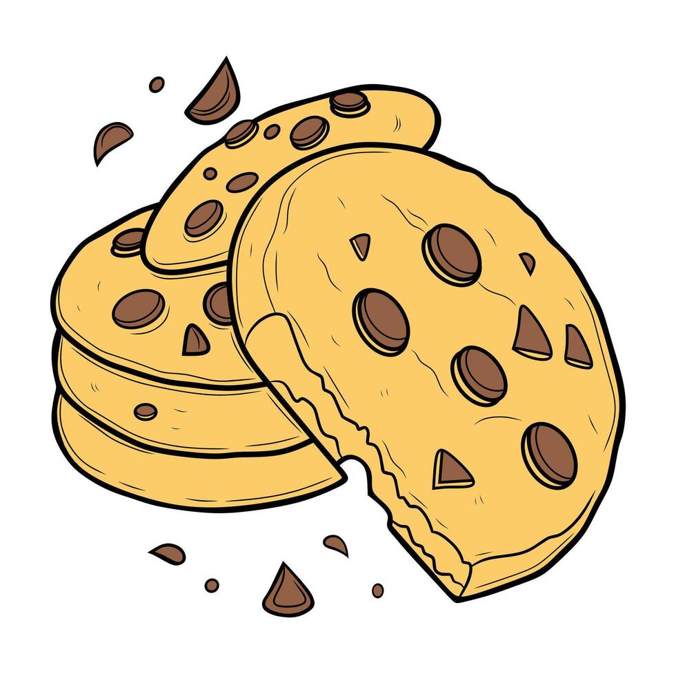 A delicious illustration of chocolate chip cookies, featuring a bitten cookie and scattered crumbs. Perfect for food related designs, packaging, or bakery branding. vector