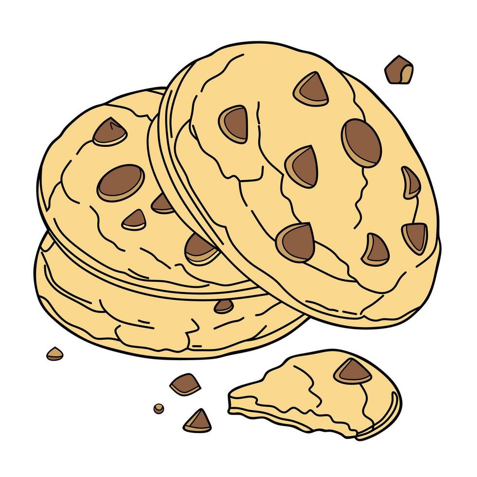A hand-drawn illustration of stacked chocolate chip cookies with crumbs. Ideal for dessert menus, food packaging, or digital designs. vector