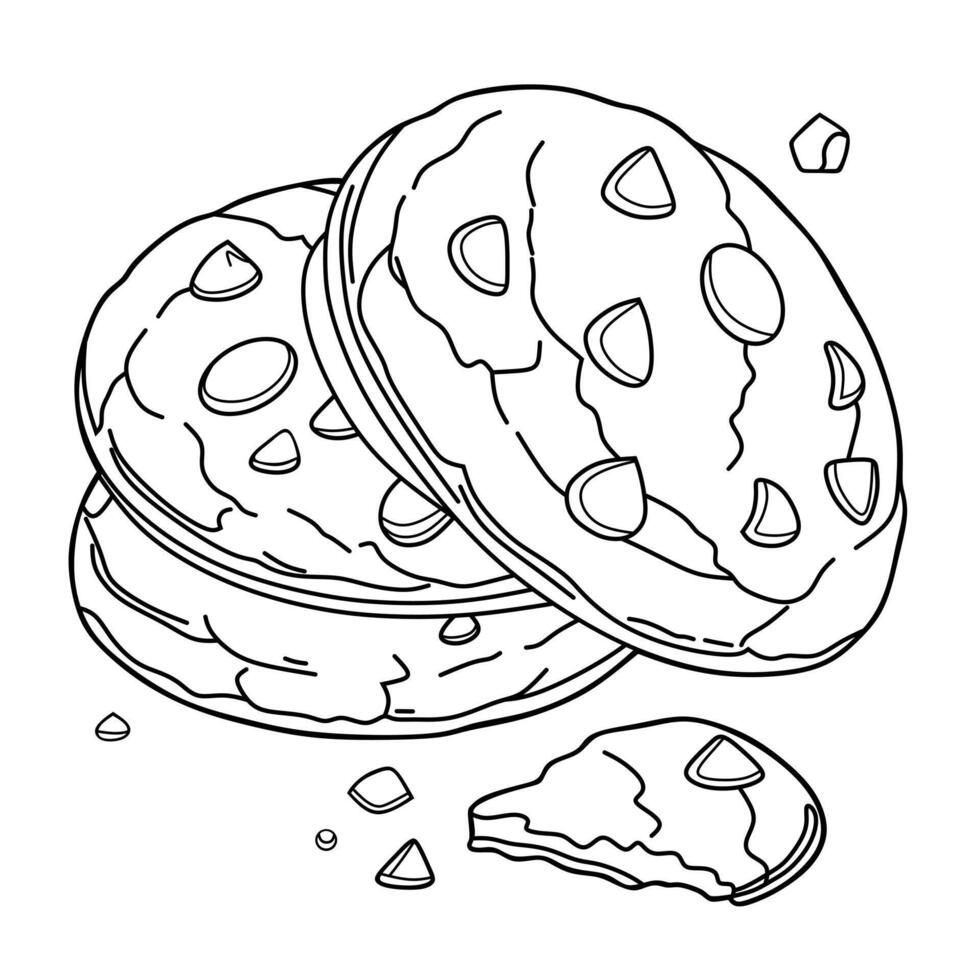Minimalist black and white line drawing of stacked chocolate chip cookies. Ideal for coloring pages, logos, or bakery branding. vector