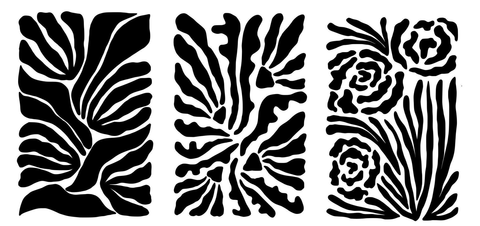 Set of groovy floral botanical black background in trendy naive retro hippie 60s 70s style. Vertical poster with silhouette abstract wavy flower vector