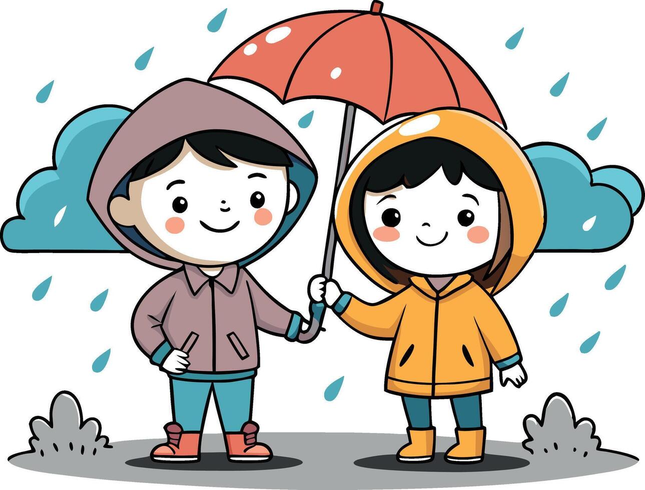 Cute Boy and Girl with Umbrella Coloring Pages for Kids vector