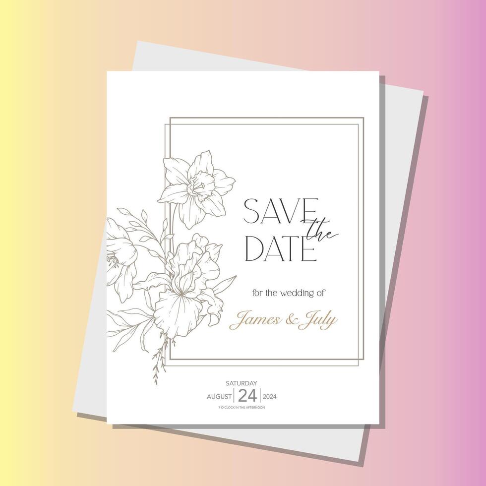 Outline Spring flowers Wedding Invitation template, Outline Flowers Minimalist Wedding Design, Spring Wedding invite template vector