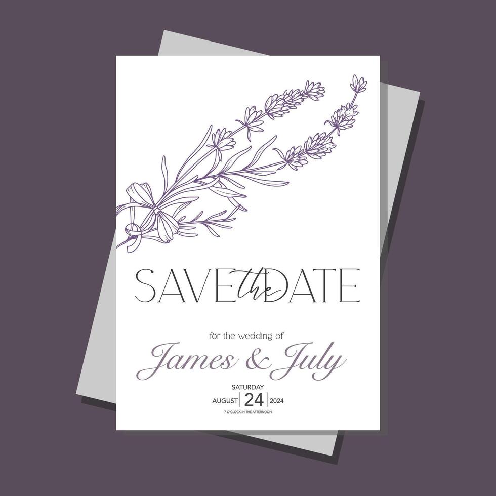 Lavender Line Art Flowers. Lavender Wedding Invitation template, Outline Lavender Flowers Minimalist Wedding Design, Summer Wedding invite template vector