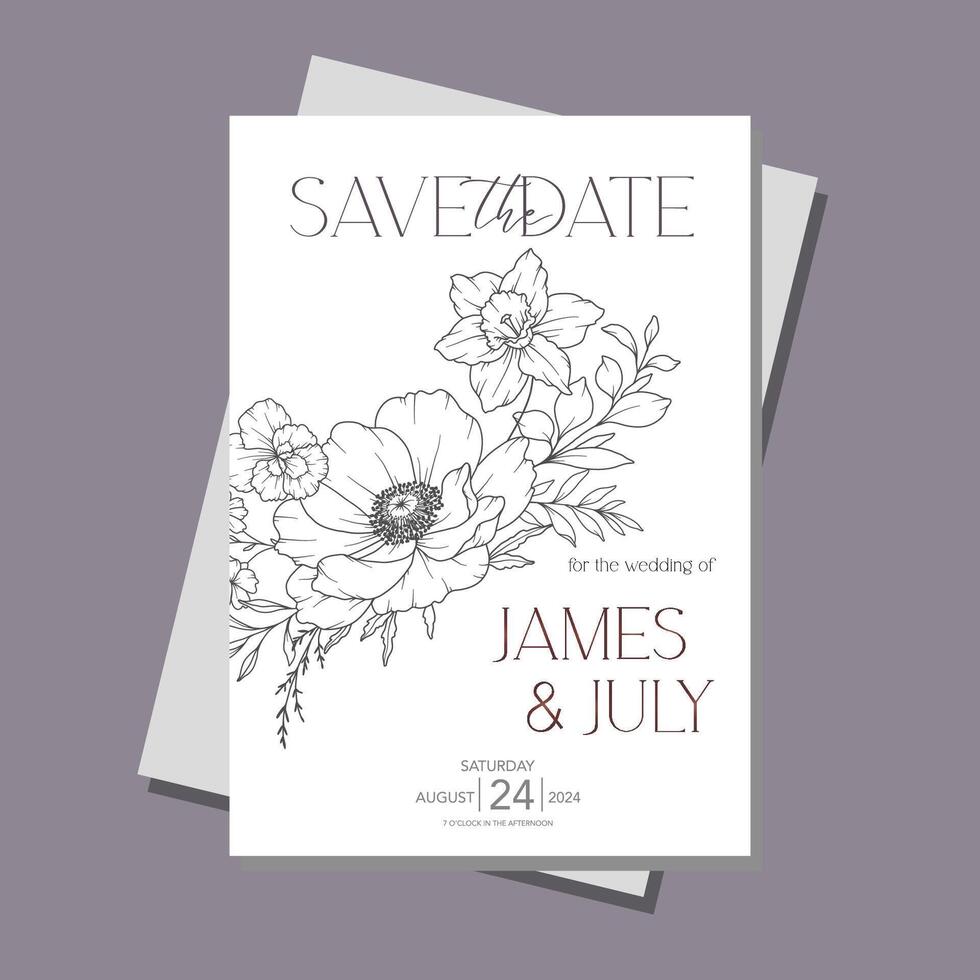 Line Art Spring flowers Wedding Invitate template, Outline Flowers Minimalist Wedding Design, Spring Wedding invite template vector