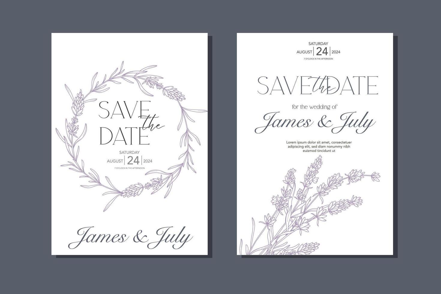 Line Art Lavender Flowers Card. Lavender Wedding Invitation template, Outline Lavender Flowers Minimalist Wedding Design, Summer Wedding invite template vector