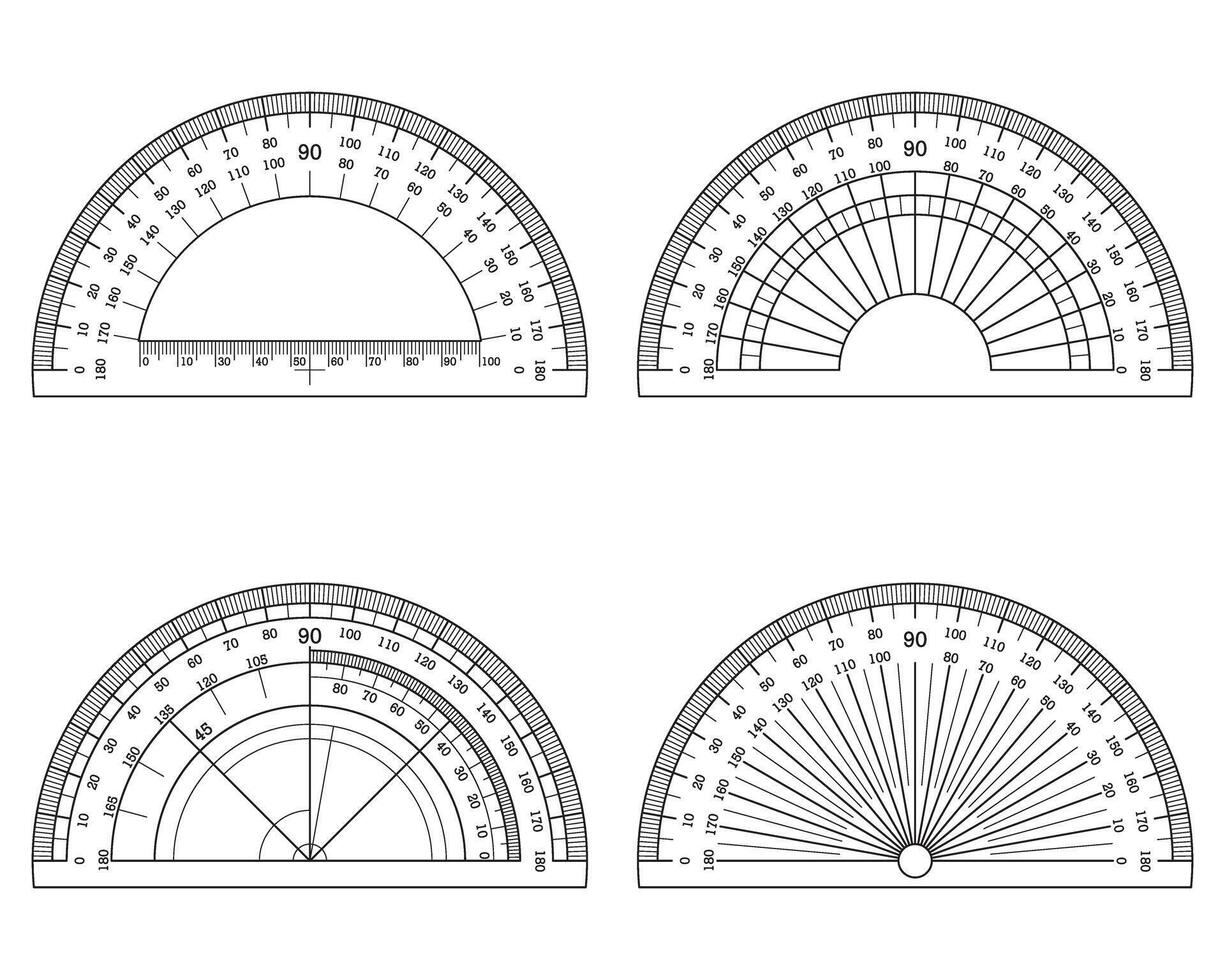 Protractor ruler. Angle measurement tool, circular scale and semicircular protractor with ruler markings. vector