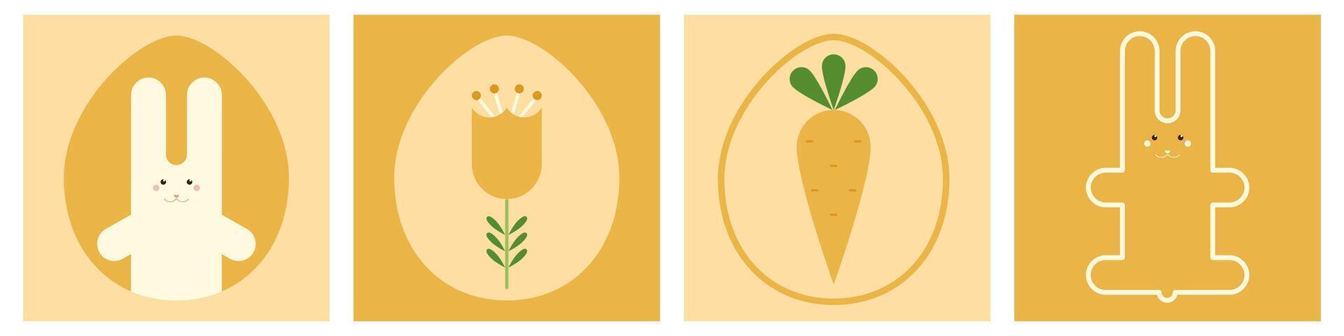 Set of Happy Easter cards in minimalistic style. Illustration of Easter bunny, eggs. vector