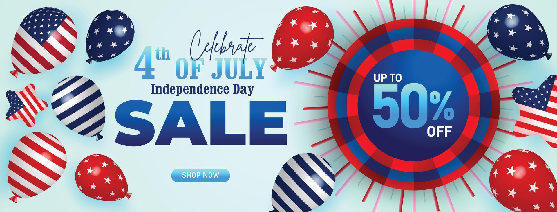 Celebrate 4th of July sale with USA flag balloons, fireworks, stars, and a patriotic background offering up to 50 percent off discounts for shopping vector