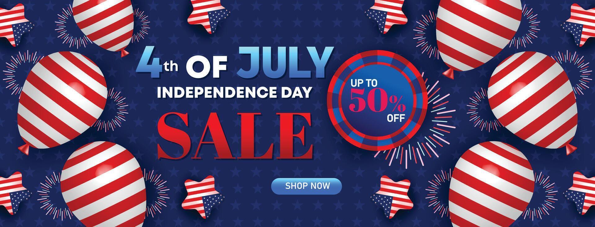 4th of July Independence Day sale banner with floating USA flag balloons, stars, and a patriotic theme featuring up to 50 percent off discounts vector
