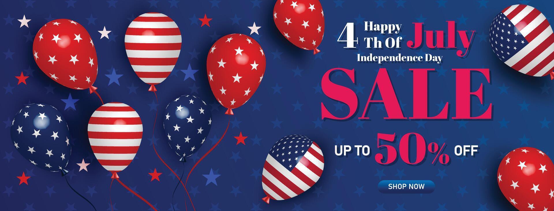 Happy 4th of July Independence Day sale with floating patriotic balloons, stars, and a dark blue background featuring up to 50 percent off discounts vector