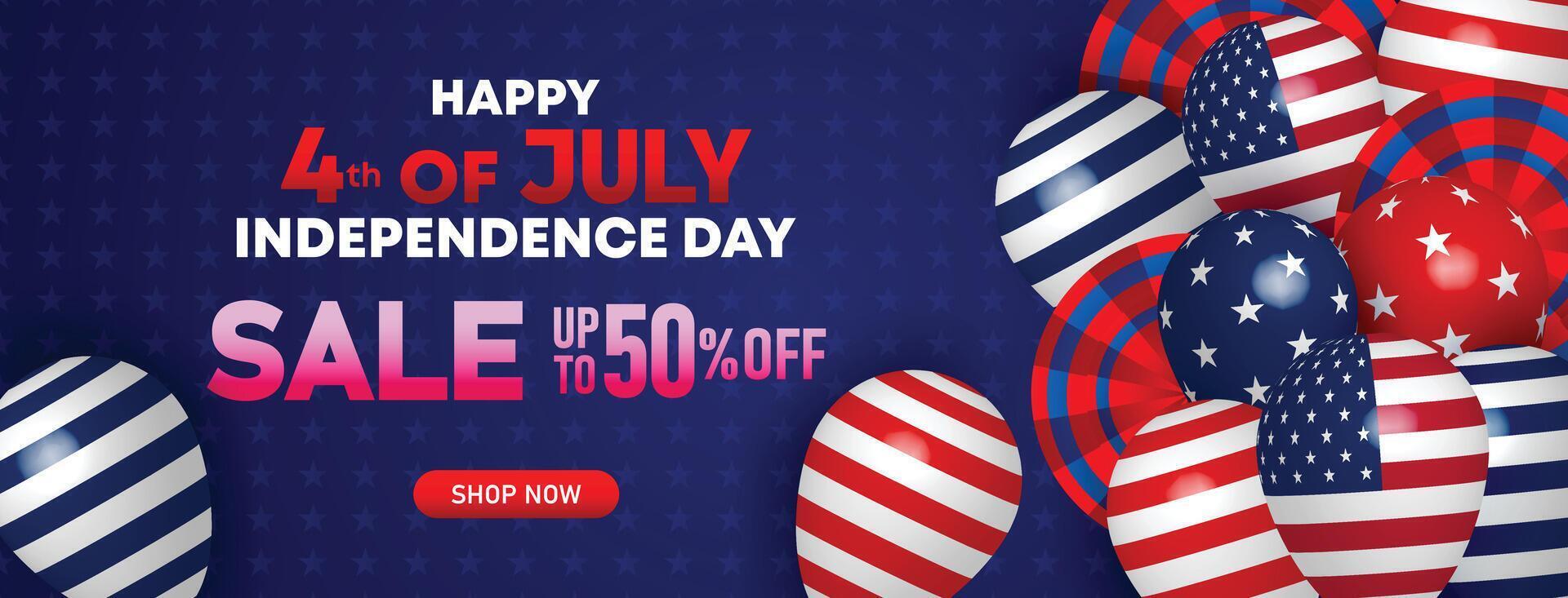 4th of July Independence Day sale promotion with patriotic USA flag balloons, deep blue background, and up to 50 percent off discount for shoppers vector