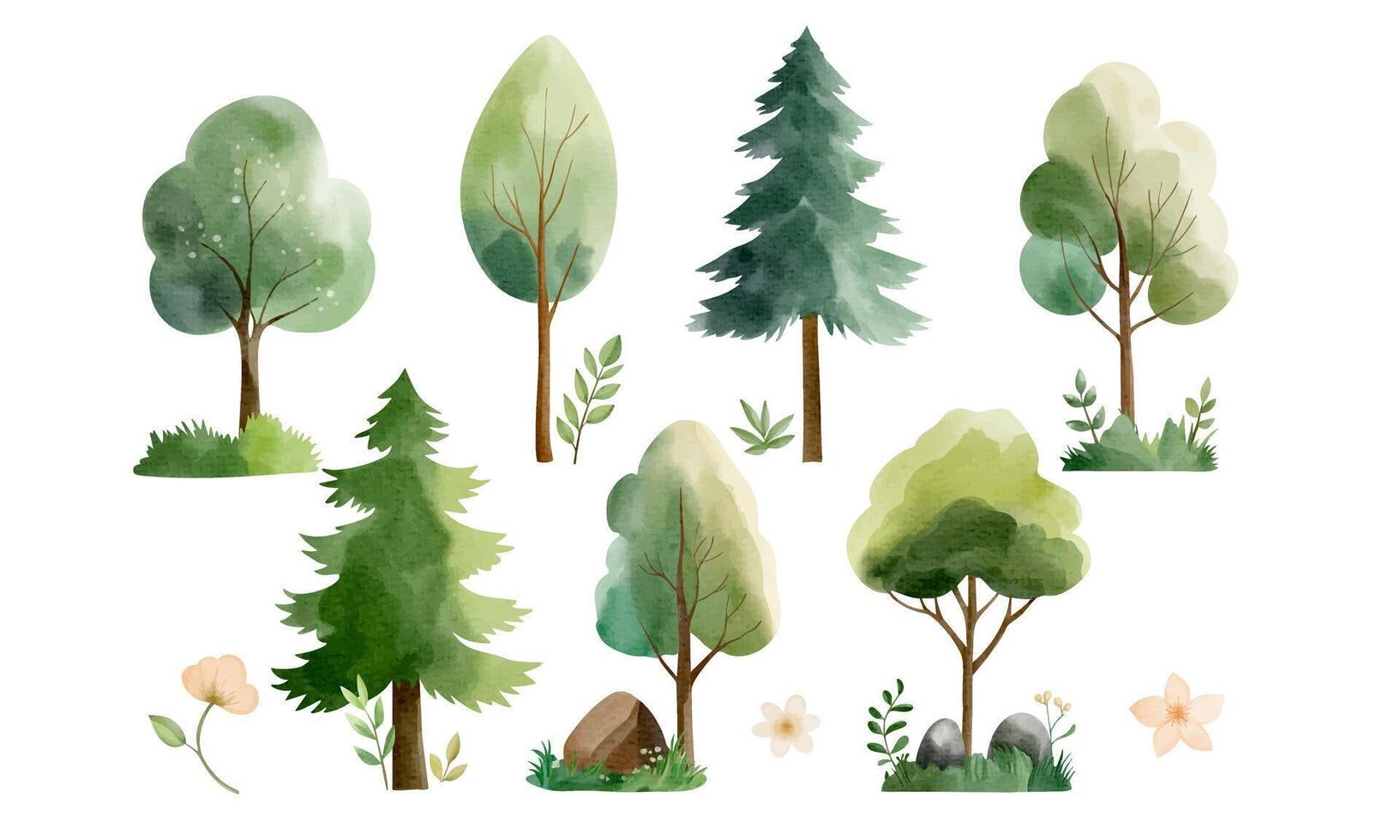 Set of watercolor forest trees, grass and branches. Wild woodland. Watercolor nature elements. Pine, oak, maple vector