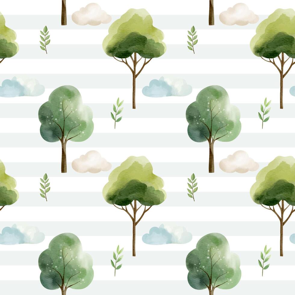 Seamless pattern with watercolor trees and clouds. Watercolor fairy woodland. Hand drawn forest background. vector