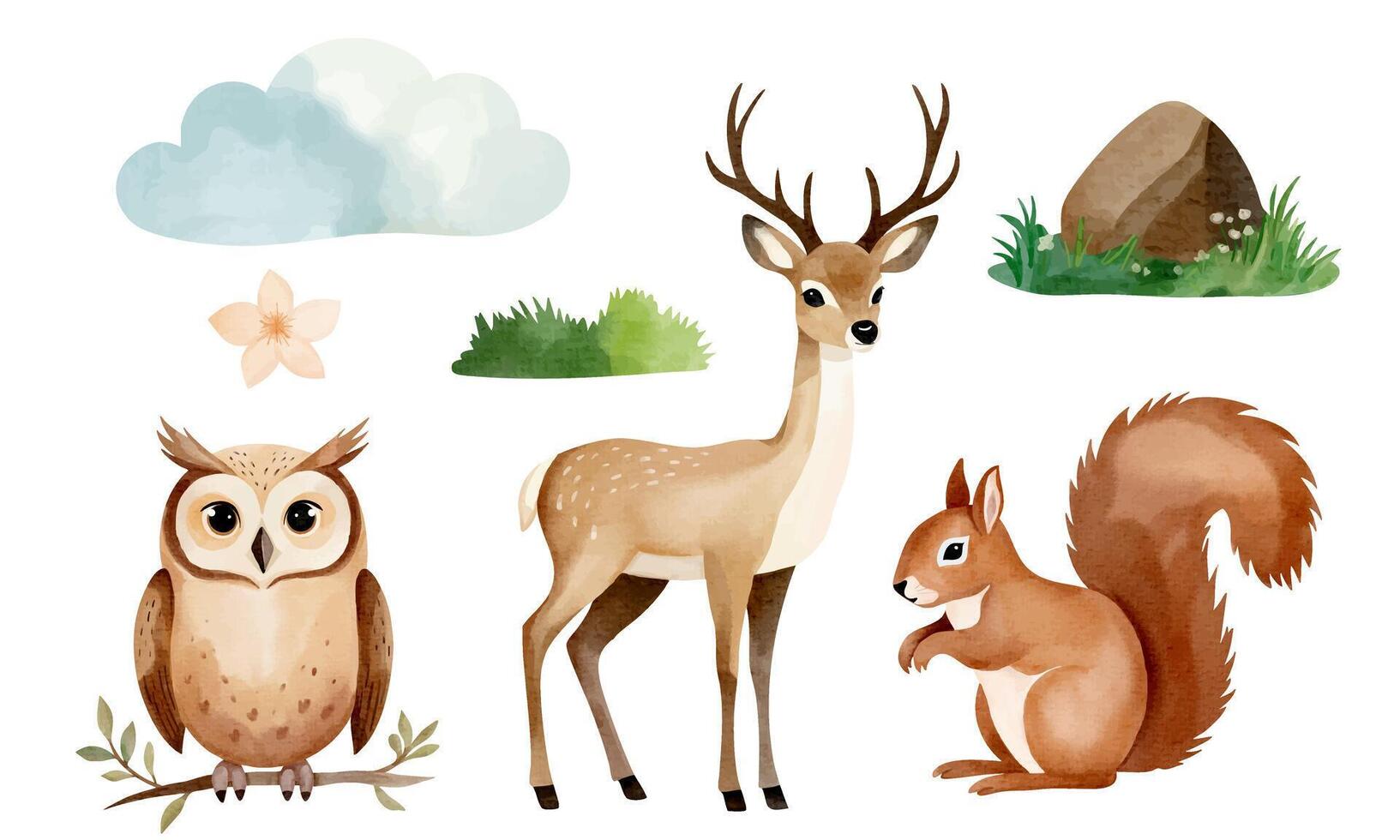 Set of hand drawn animals and forest elements. Reindeer, squirrel, owl. Watercolor woodland animals. vector