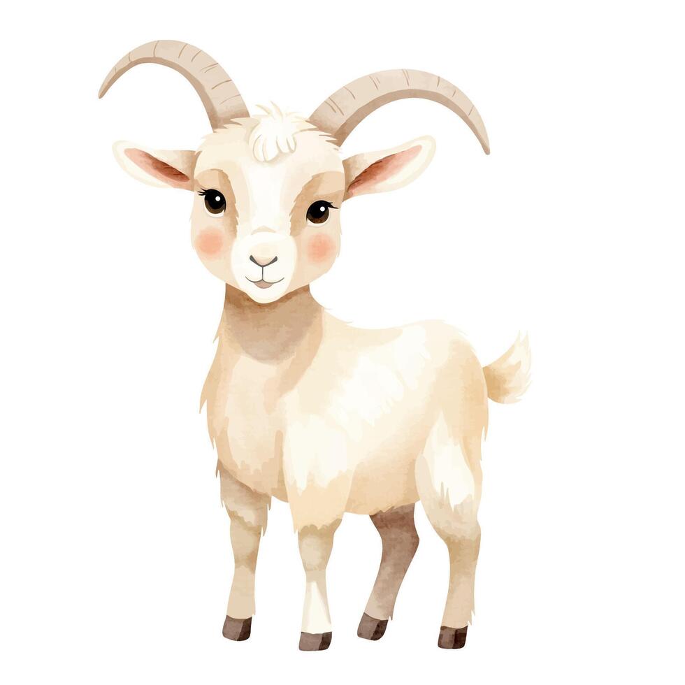 Cute goat in watercolor style. Hand drawn farm animals. Watercolor goat vector