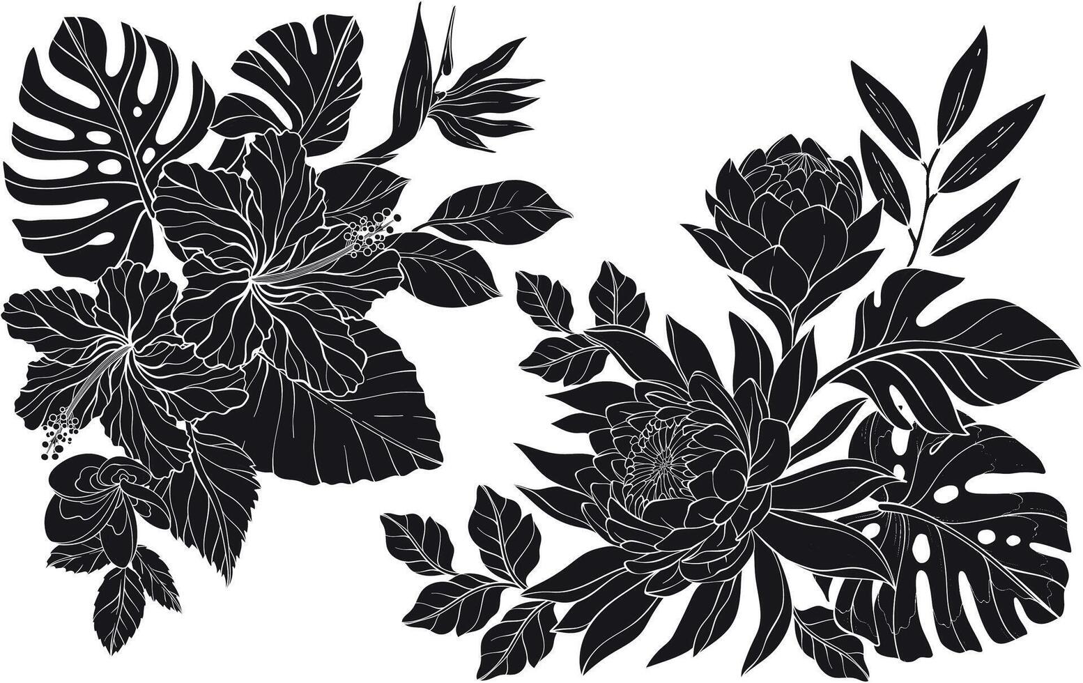 silhouette collection of tropical flowers with intricate petals sits among lush leaves vector