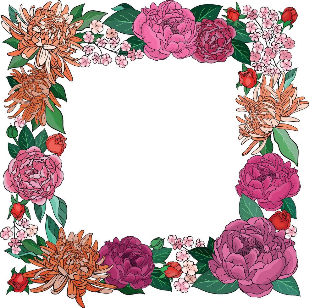 A detailed floral illustration, square frame adorned with lush pink peonies, orange chrysanthemums, cherry blossoms, and red rosebuds with green leaves on white background vector