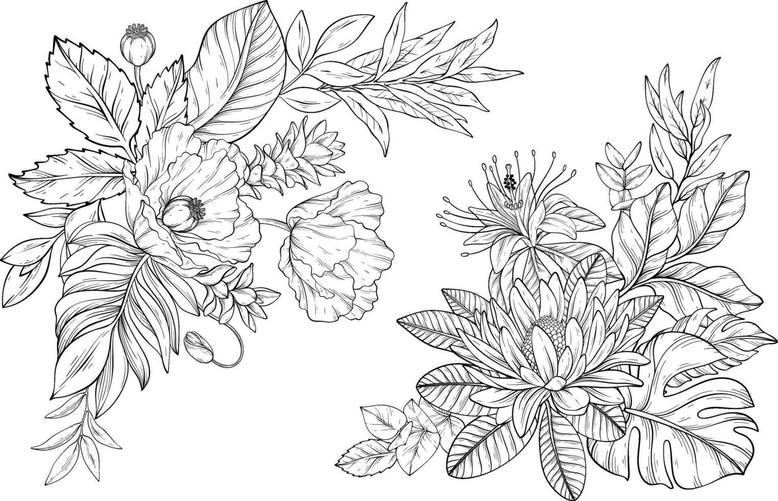 set of line art tropical flowers arranged with leaves for a lively composition vector